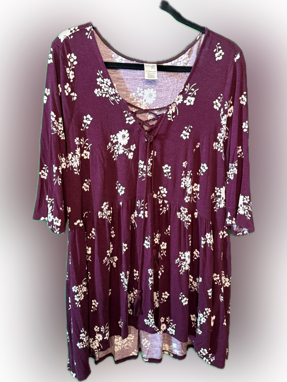 Terra & Sky Plum Floral Lace-Up Peasant Tunic